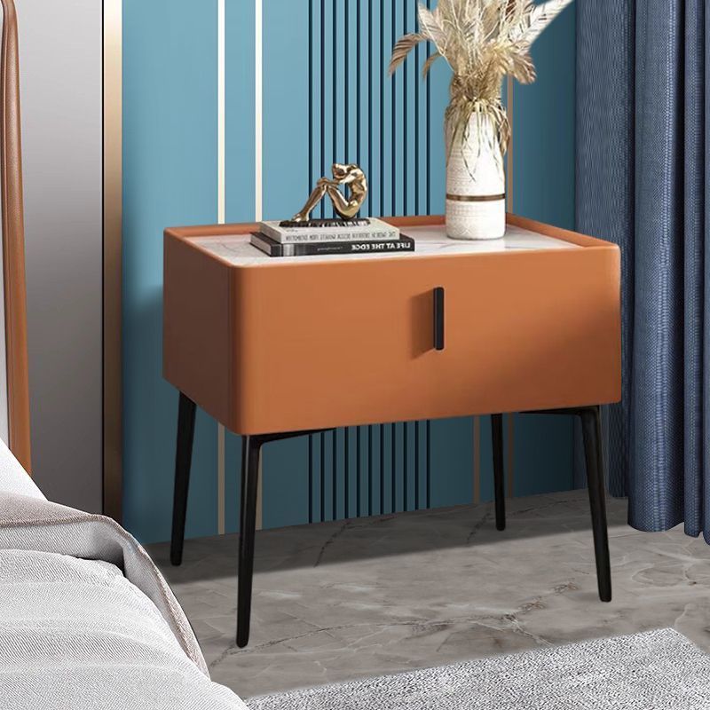 Scandinavian Sintered Stone Leather Drawer Nightstand — Off-White