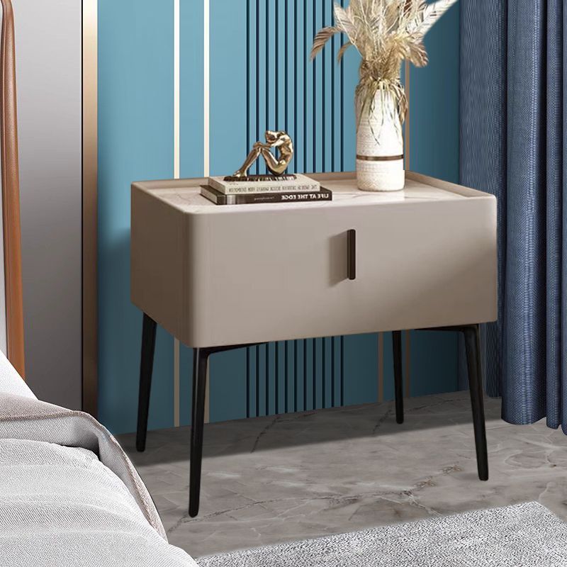 Scandinavian Sintered Stone Leather Drawer Nightstand — Light Gray