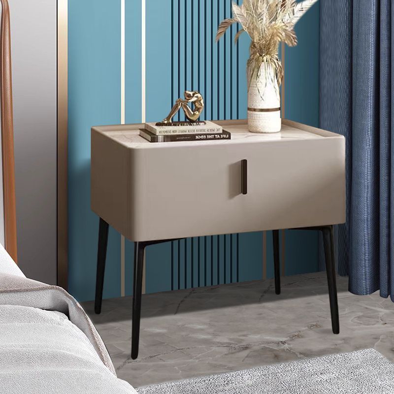 Scandinavian Sintered Stone Leather Drawer Nightstand — Light Gray
