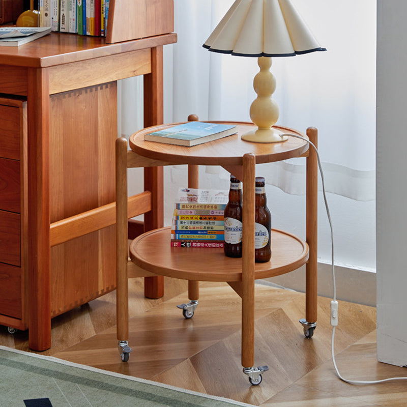 Japanese Round Wood Rolling 2-Tier End Table
