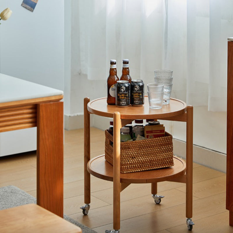 Japanese Round Wood Rolling 2-Tier End Table