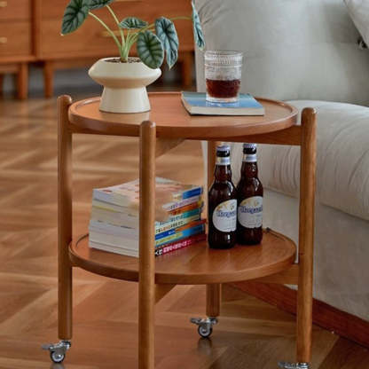Japanese Round Wood Rolling 2-Tier End Table