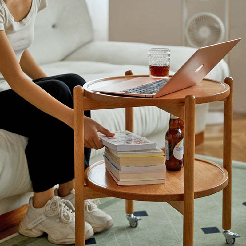 Japanese Round Wood Rolling 2-Tier End Table