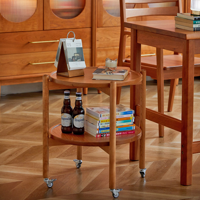 Japanese Round Wood Rolling 2-Tier End Table