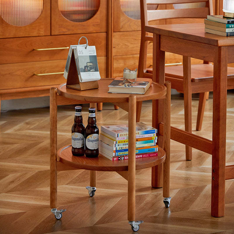 Japanese Round Wood Rolling 2-Tier End Table