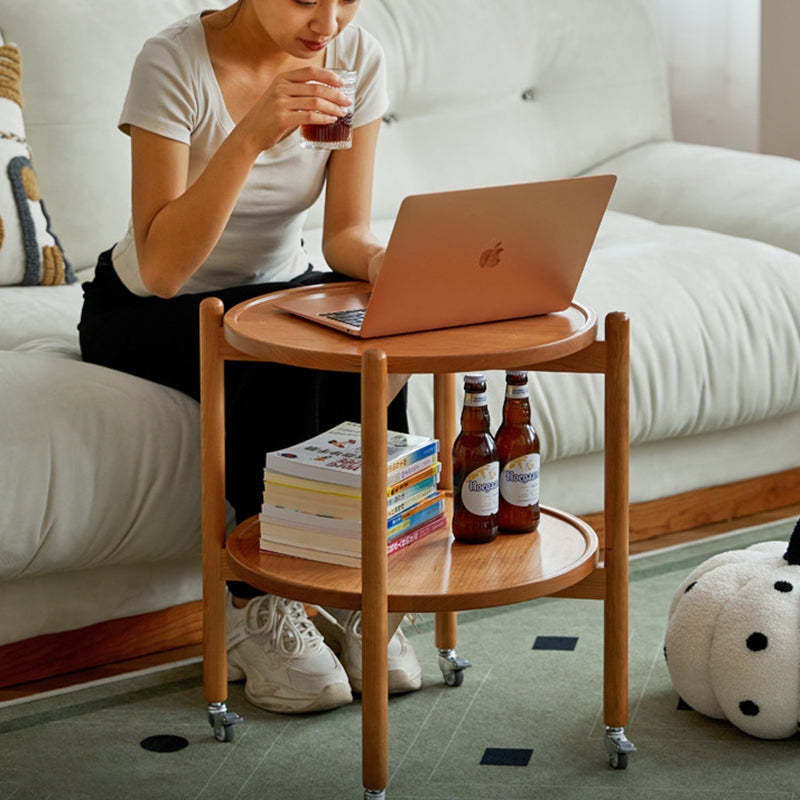 Japanese Round Wood Rolling 2-Tier End Table