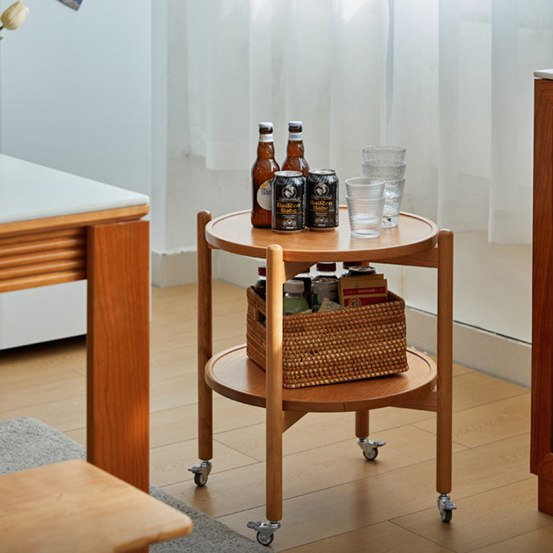 Japanese Round Wood Rolling 2-Tier End Table