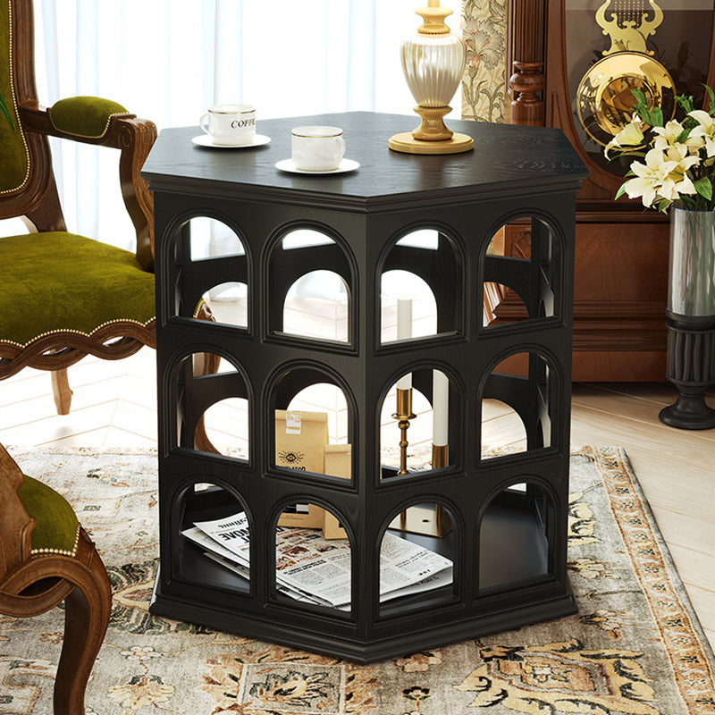 Retro Hexagonal Wood Hollow End Table — Black