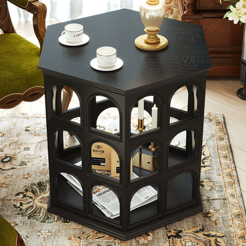 Retro Hexagonal Wood Hollow End Table — Walnut Color