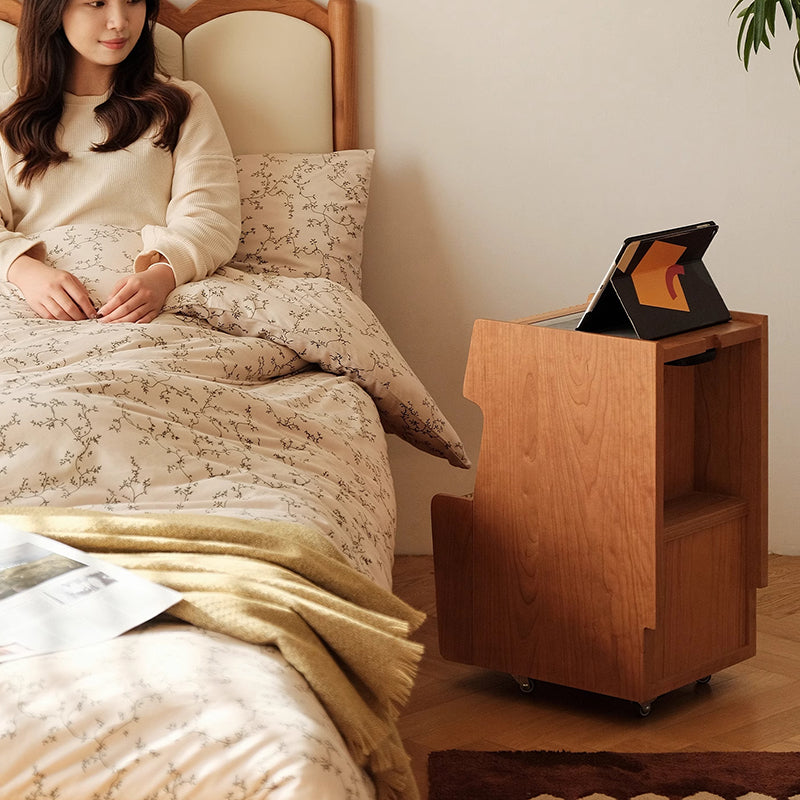 Japanese Solid Wood Glass Movable Nightstand with Drawer