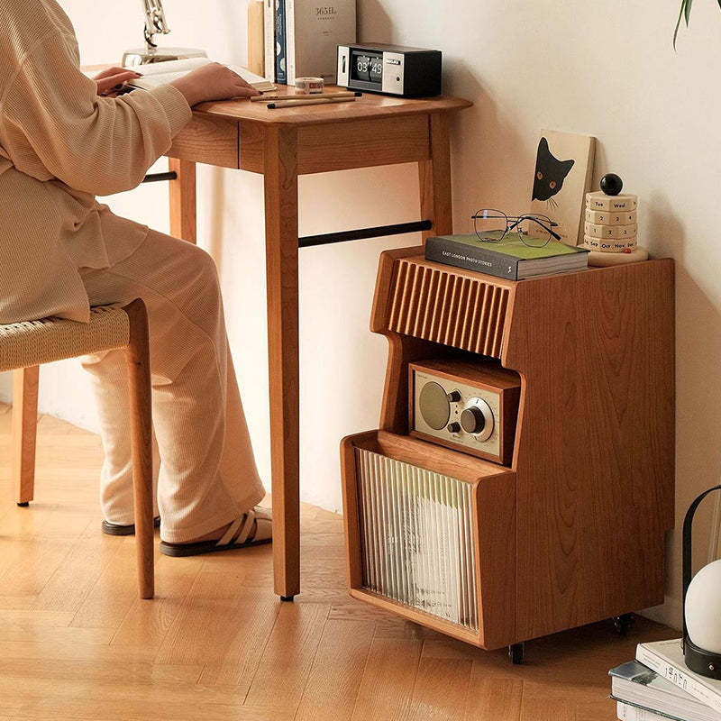 Japanese Solid Wood Glass Movable Nightstand with Drawer