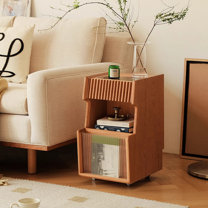 Japanese Solid Wood Glass Movable Nightstand with Drawer