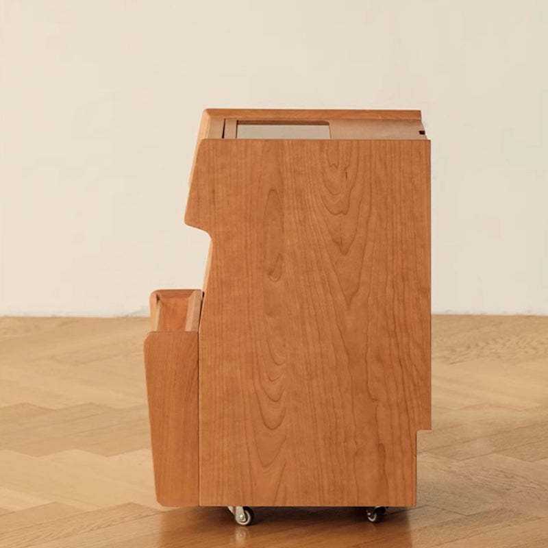 Japanese Solid Wood Glass Movable Nightstand with Drawer