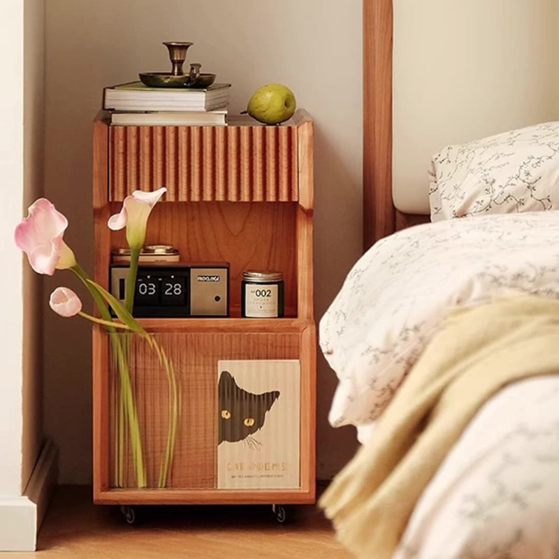 Japanese Solid Wood Glass Movable Nightstand with Drawer
