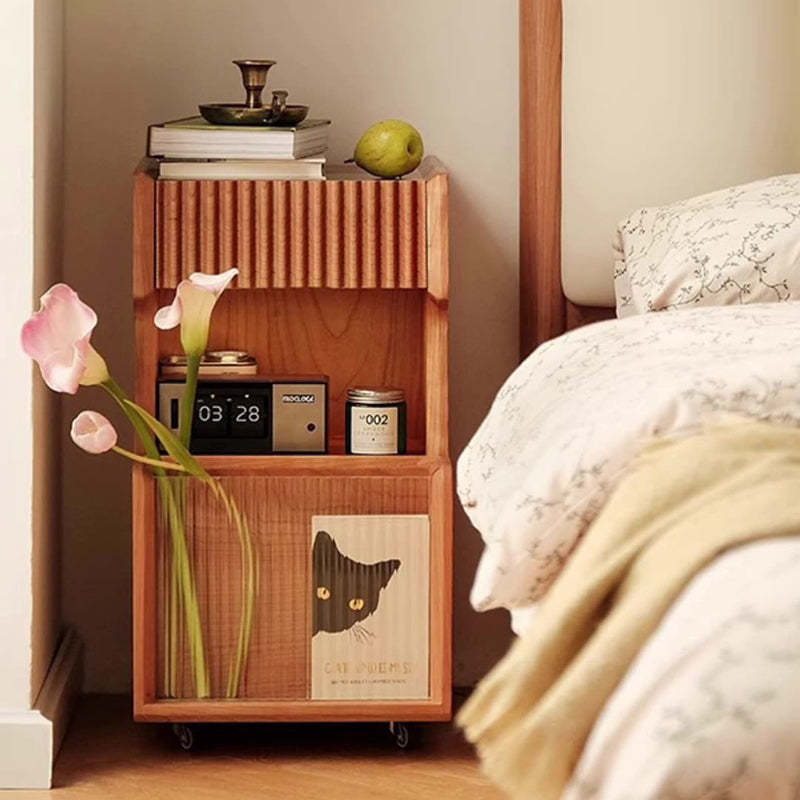 Japanese Solid Wood Glass Movable Nightstand with Drawer