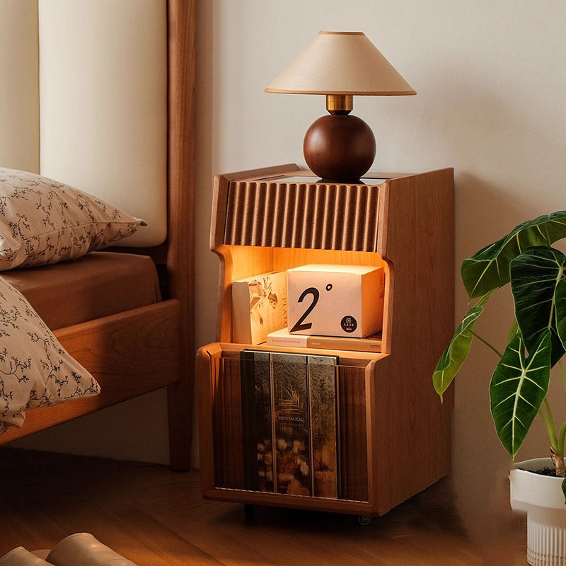Japanese Solid Wood Glass Movable Nightstand with Drawer — Wood Color