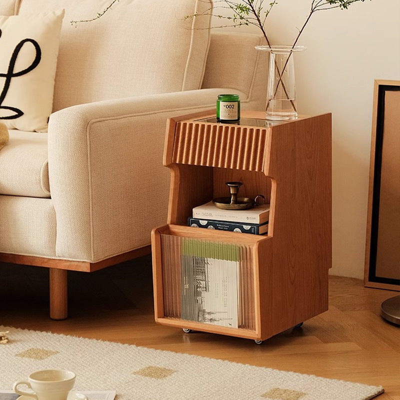 Japanese Solid Wood Glass Movable Nightstand with Drawer
