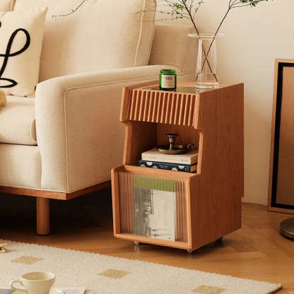 Japanese Solid Wood Glass Movable Nightstand with Drawer