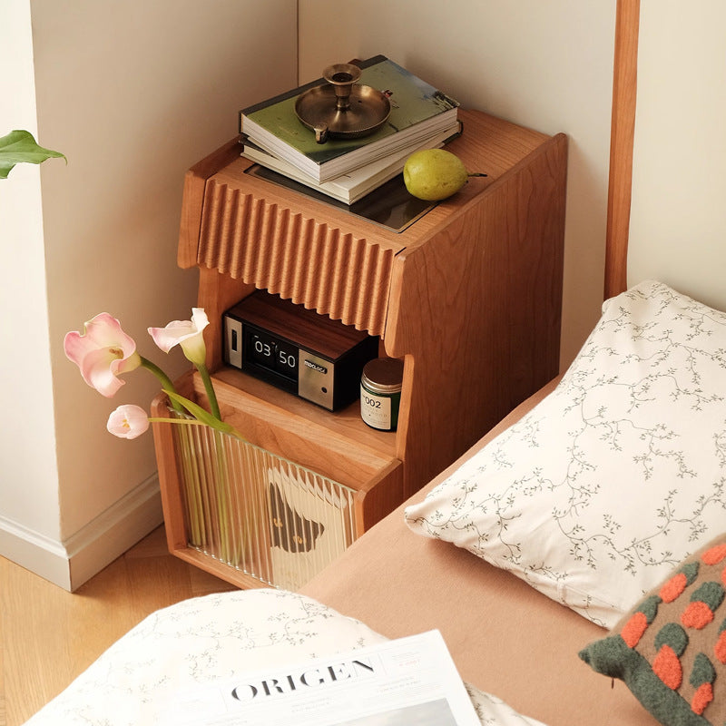 Japanese Solid Wood Glass Movable Nightstand with Drawer