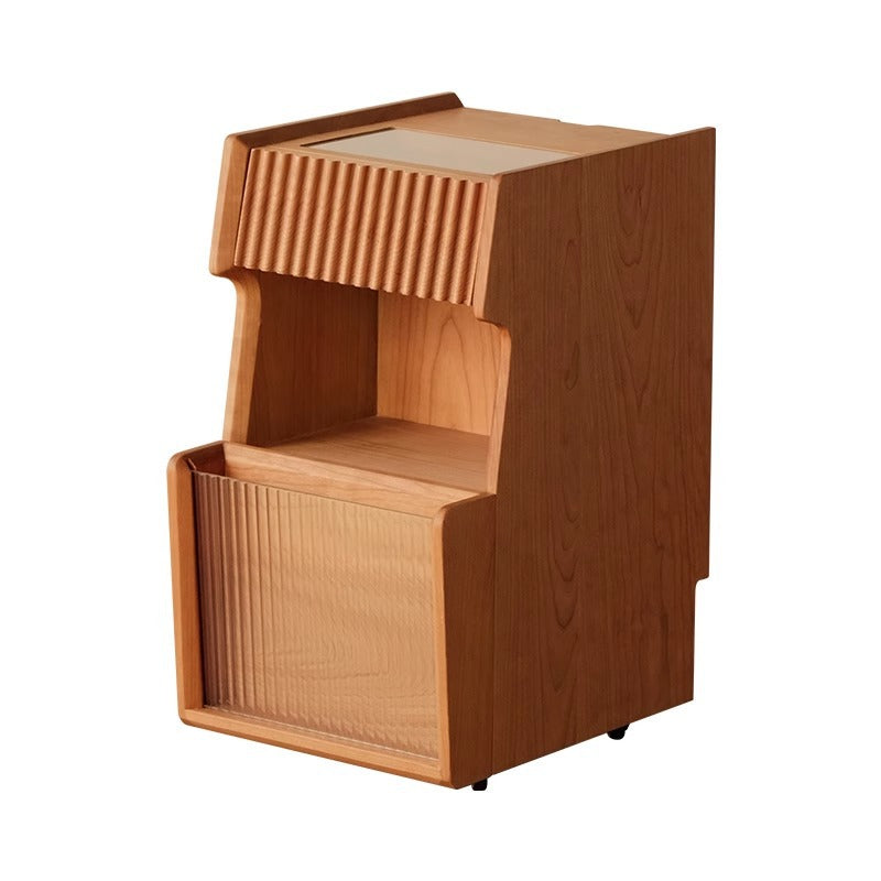 Japanese Solid Wood Glass Movable Nightstand with Drawer
