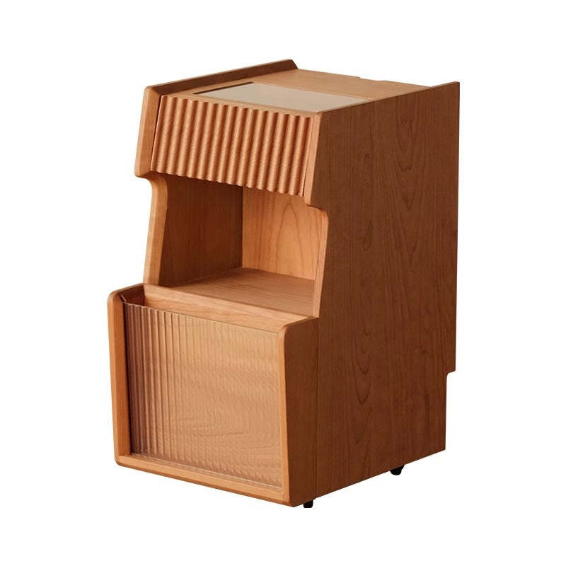 Japanese Solid Wood Glass Movable Nightstand with Drawer