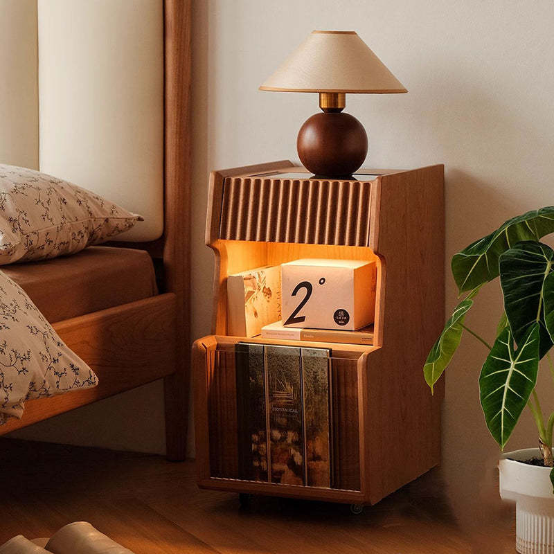 Japanese Solid Wood Glass Movable Nightstand with Drawer — Wood Color