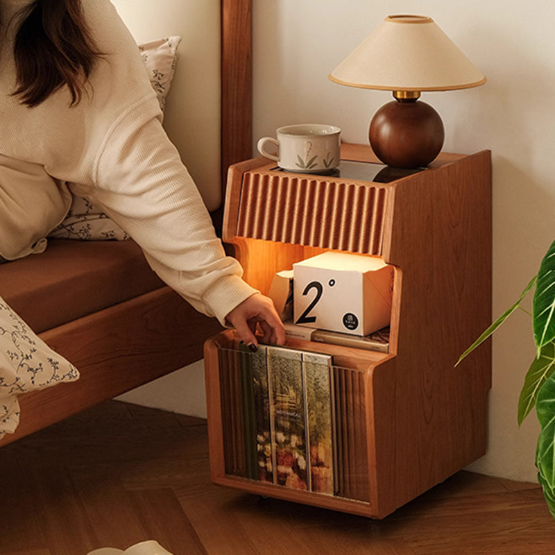 Japanese Solid Wood Glass Movable Nightstand with Drawer