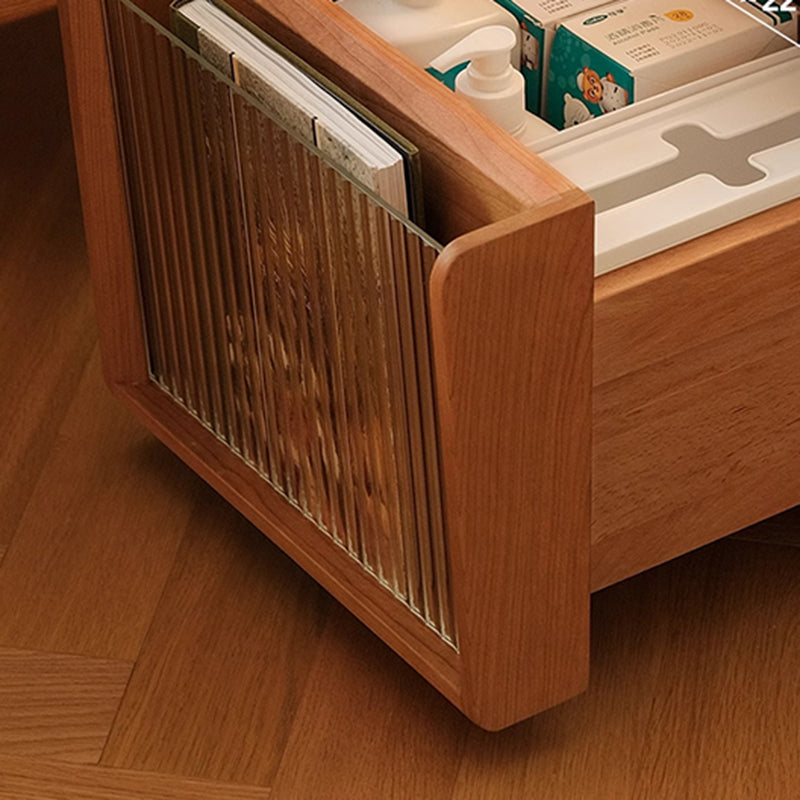 Japanese Solid Wood Glass Movable Nightstand with Drawer