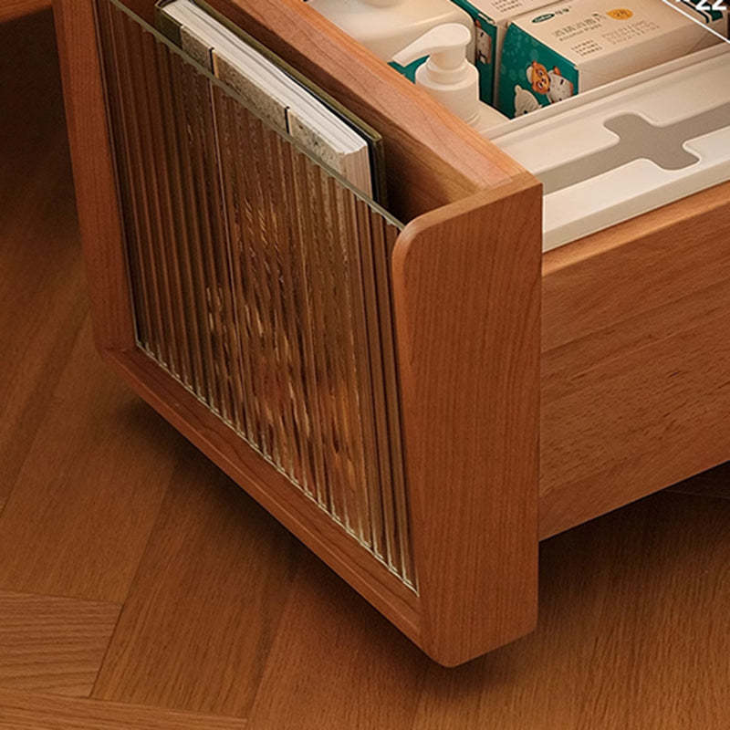 Japanese Solid Wood Glass Movable Nightstand with Drawer