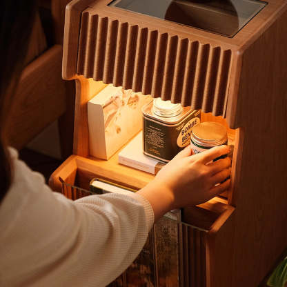 Japanese Solid Wood Glass Movable Nightstand with Drawer