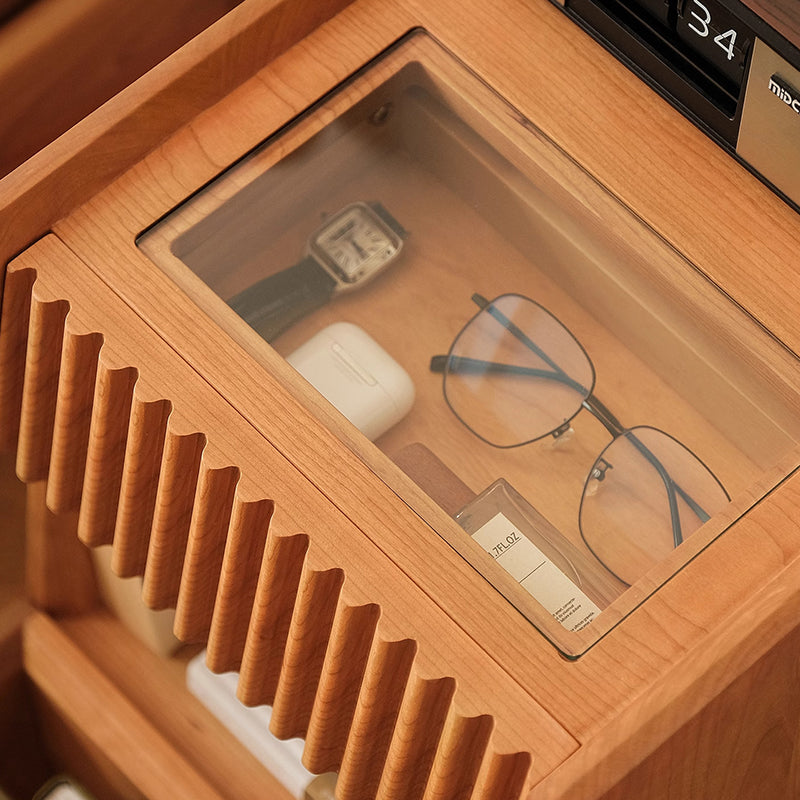 Japanese Solid Wood Glass Movable Nightstand with Drawer
