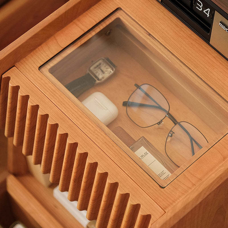 Japanese Solid Wood Glass Movable Nightstand with Drawer