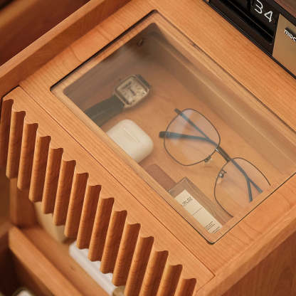 Japanese Solid Wood Glass Movable Nightstand with Drawer