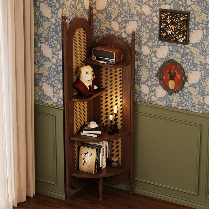 Vintage Rattan Solid Wood Triangle Corner 4-Shelf Cabinet — Black