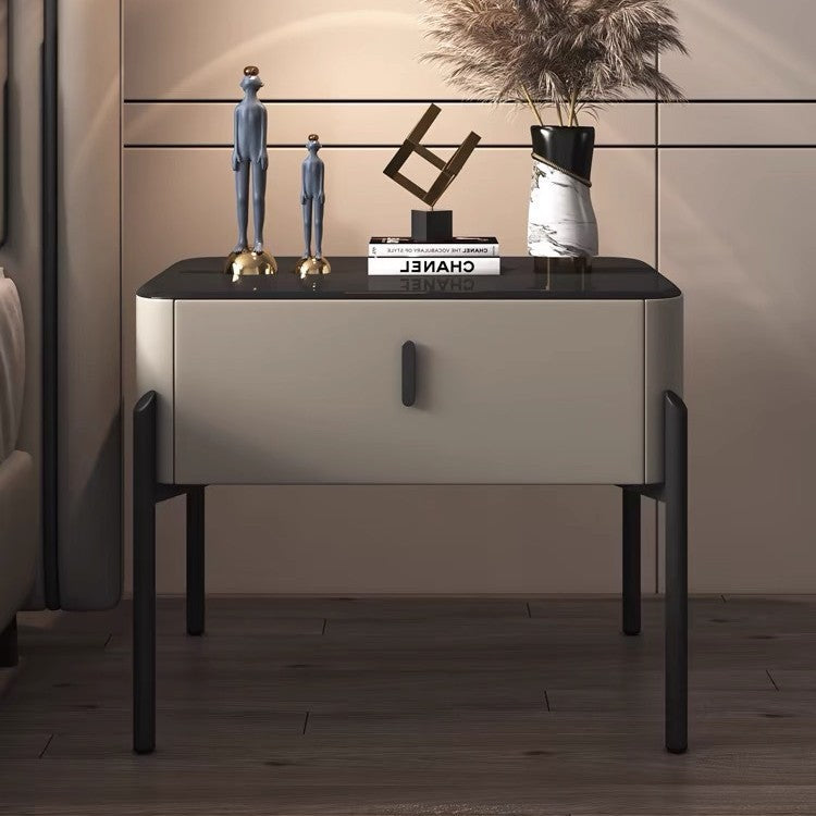 Contemporary Tempered Glass 1-Drawer Nightstand — Light Gray
