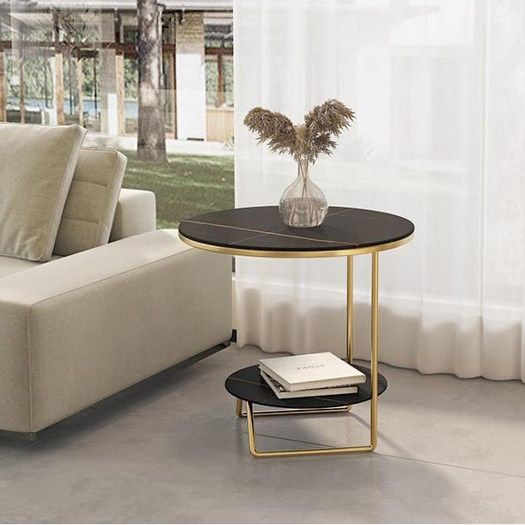 Sintered Stone Metal Side Table 2-Tier — White