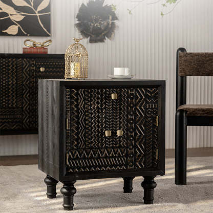 Farmhouse Carved Solid Wood Nightstand — Black