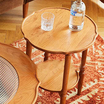 Japanese Wood Round End Table 2-Tier