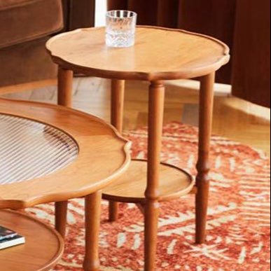 Japanese Wood Round End Table 2-Tier