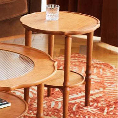 Japanese Wood Round End Table 2-Tier