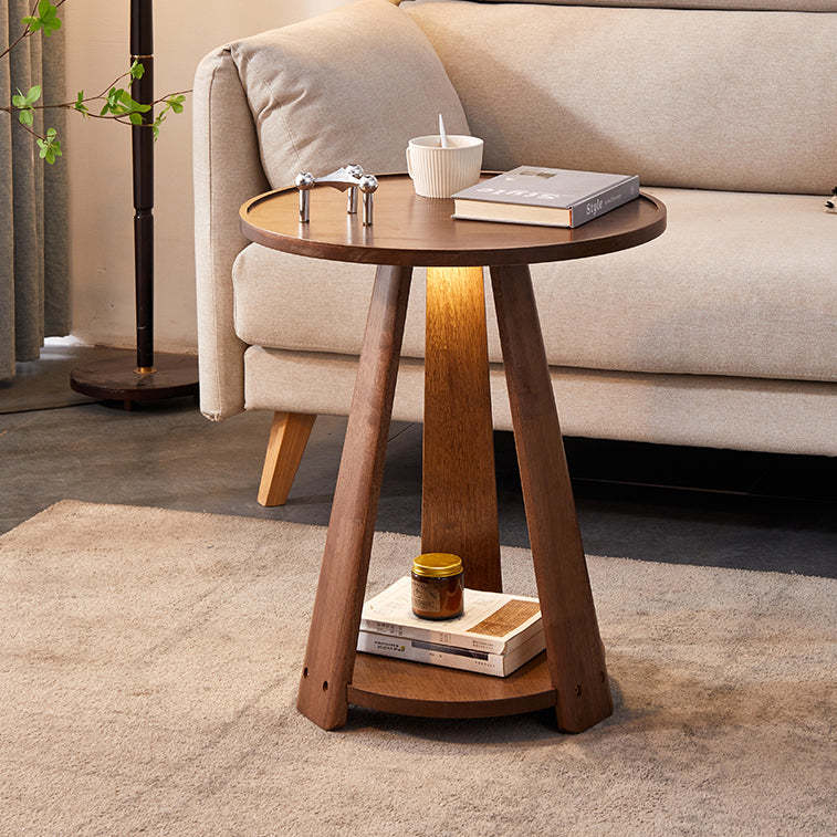 Japanese Geometric Wood Tray-Top Coffee Table 2-Tier — Round / Cherry Wood Color