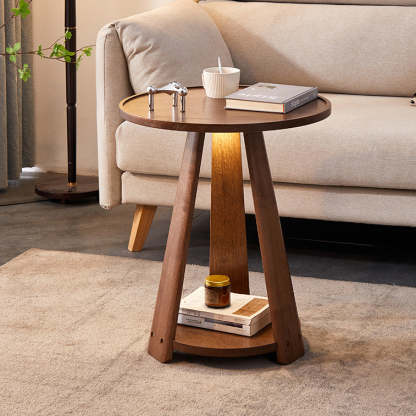 Japanese Geometric Wood Tray-Top Coffee Table 2-Tier — Round / Cherry Wood Color