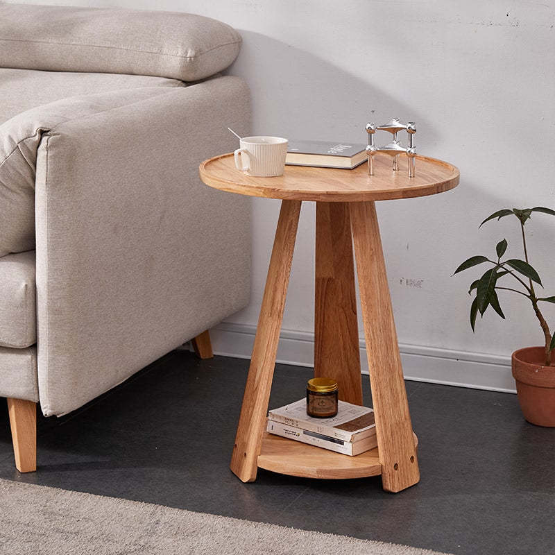 Japanese Geometric Wood Tray-Top Coffee Table 2-Tier — Round / Original Wood Color
