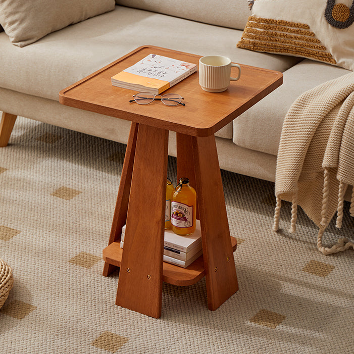 Japanese Geometric Wood Tray-Top Coffee Table 2-Tier — Round / Walnut Wood Color
