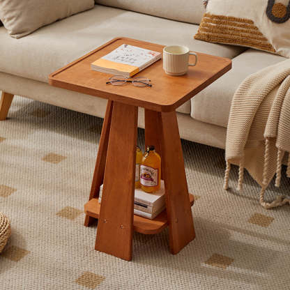 Japanese Geometric Wood Tray-Top Coffee Table 2-Tier — Round / Walnut Wood Color