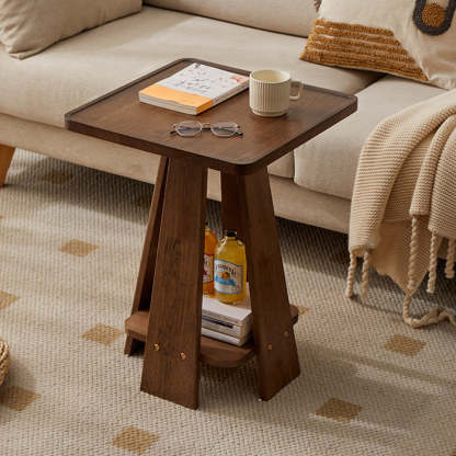 Japanese Geometric Wood Tray-Top Coffee Table 2-Tier