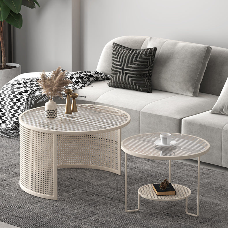 Striped Glass Metal Frame Coffee Table — A / White