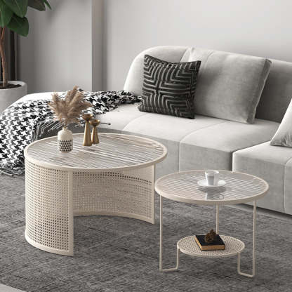 Striped Glass Metal Frame Coffee Table — A / White