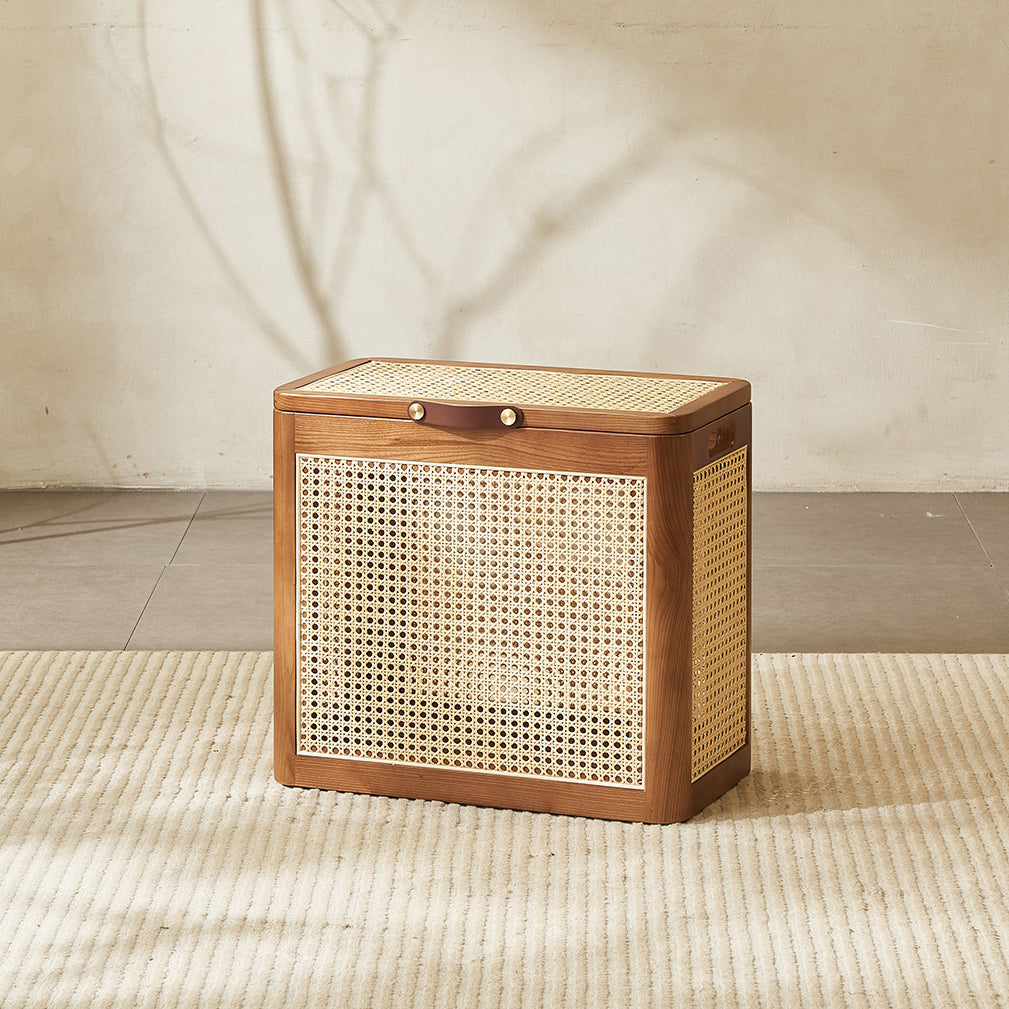 Japanese Rattan Solid Wood Flip-Top End Table with Cabinet — Walnut Wood Color