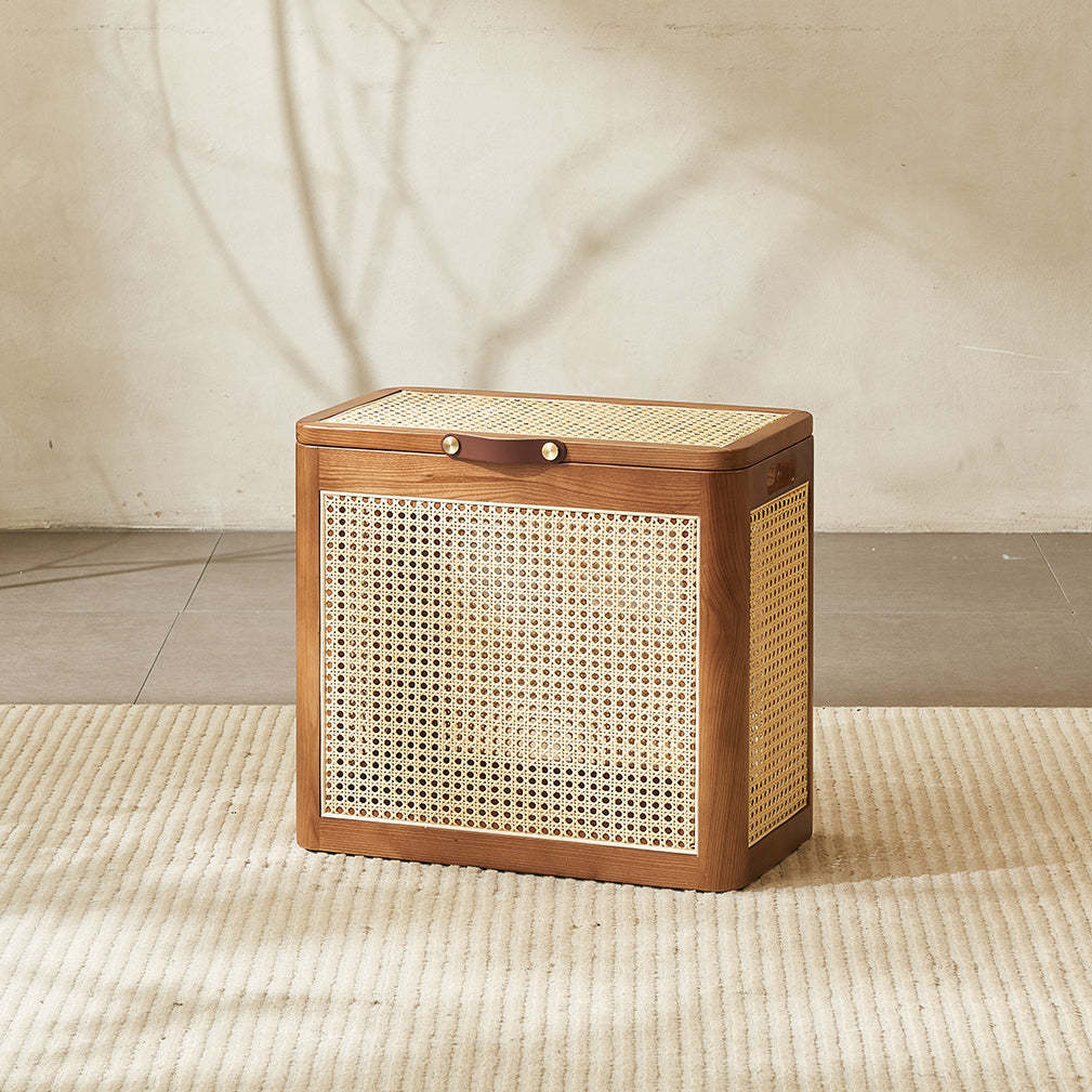 Japanese Rattan Solid Wood Flip-Top End Table with Cabinet — Walnut Wood Color